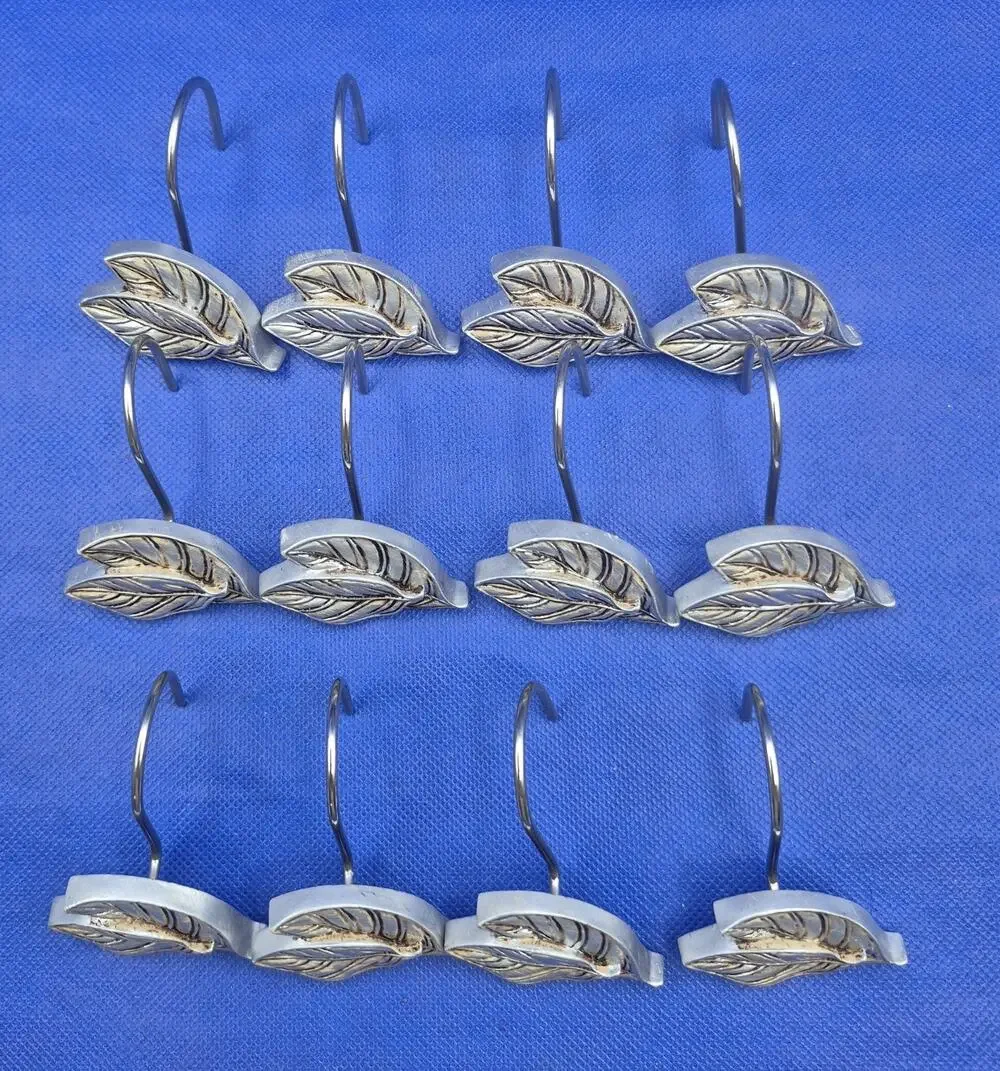 James Wiens Silvertone Double Leaf Shower Curtain Hooks Set of 12 Resin & Metal
